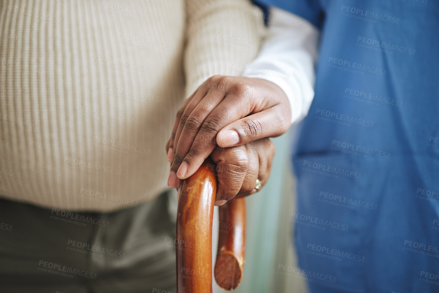 Buy stock photo Cane, senior patient and nurse holding hands for support, healthcare and kindness at nursing home. Elderly person and caregiver together for homecare, rehabilitation or help for health in retirement 