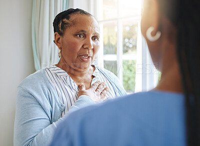 Buy stock photo Senior healthcare, trust and a black woman with a doctor for medicine communication and medical problem. Support, consulting and an elderly patient talking to a nurse at a nursing home about health
