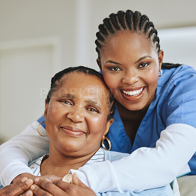 Buy stock photo Senior patient, nurse woman and hug portrait for support, healthcare and happiness at retirement home. Face of black person and caregiver together for elderly care and help for health and wellness 