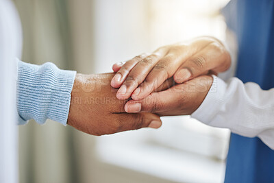 Buy stock photo Patient, nurse and holding hands for support, healthcare or empathy at nursing home. Medical worker and person together for trust, therapy and counseling or help for health or cancer results
