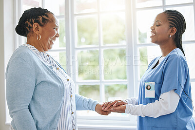 Buy stock photo Senior patient, woman nurse and holding hands for support, healthcare and kindness at retirement home. Black person and caregiver together for trust, elderly care and help for health and wellness 