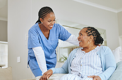 Buy stock photo Nurse woman, senior patient and talking for support, healthcare and happiness at retirement home. Black person and happy caregiver together for trust, elderly care and help for health and wellness 