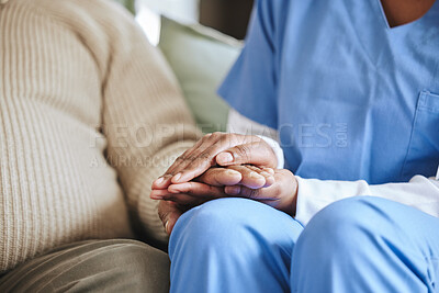 Buy stock photo Man, nurse and holding hands for support, healthcare and kindness at nursing home. Patient, caregiver service and closeup woman together for trust, homecare and help or hope for empathy in retirement