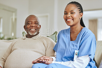 Buy stock photo Senior man, nurse and holding hands with a smile for support, healthcare and happiness at retirement home. Portrait of patient and  black woman or caregiver together for trust, elderly care and help