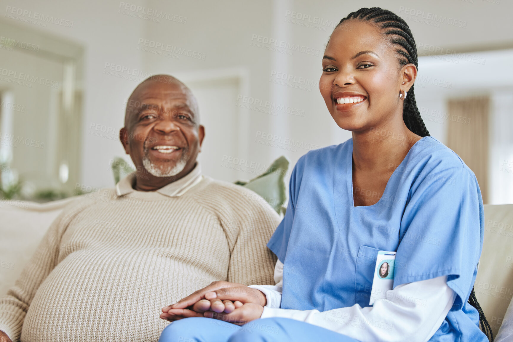 Buy stock photo Senior man, nurse and holding hands with a smile for support, healthcare and happiness at retirement home. Portrait of patient and  black woman or caregiver together for trust, elderly care and help