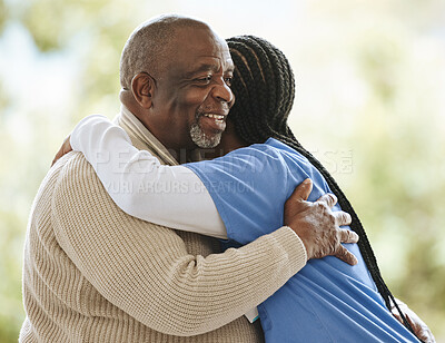 Buy stock photo Senior man, caregiver and hug for support, healthcare and happiness at retirement home. Happy elderly patient and black woman or nurse together for trust, homecare and help for health and wellness 