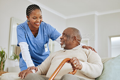 Buy stock photo Caregiver, nurse or senior black man on a couch, retirement or help with healthcare or walking stick. Male person with a disability, patient or medical professional with support, recovery or healing