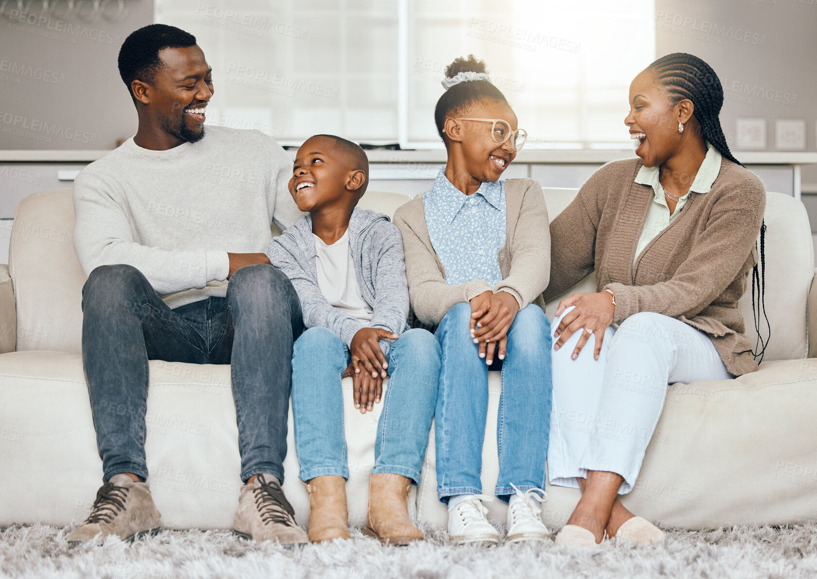 Buy stock photo House, funny and black family on sofa, happiness and cheerful with joke, bonding together and fun. African people, parents or mother with father, kids and children with joy or laughing in living room