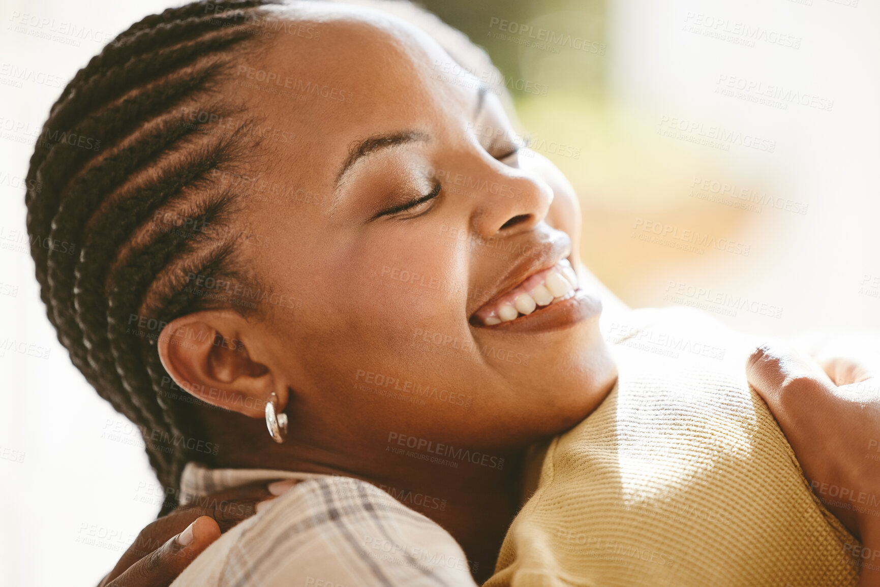 Buy stock photo Couple, happy and hug for love, care and relationship with partner, security and bonding together. Man, woman and smile for embrace, support and trust with commitment, loyalty and romance as soulmate