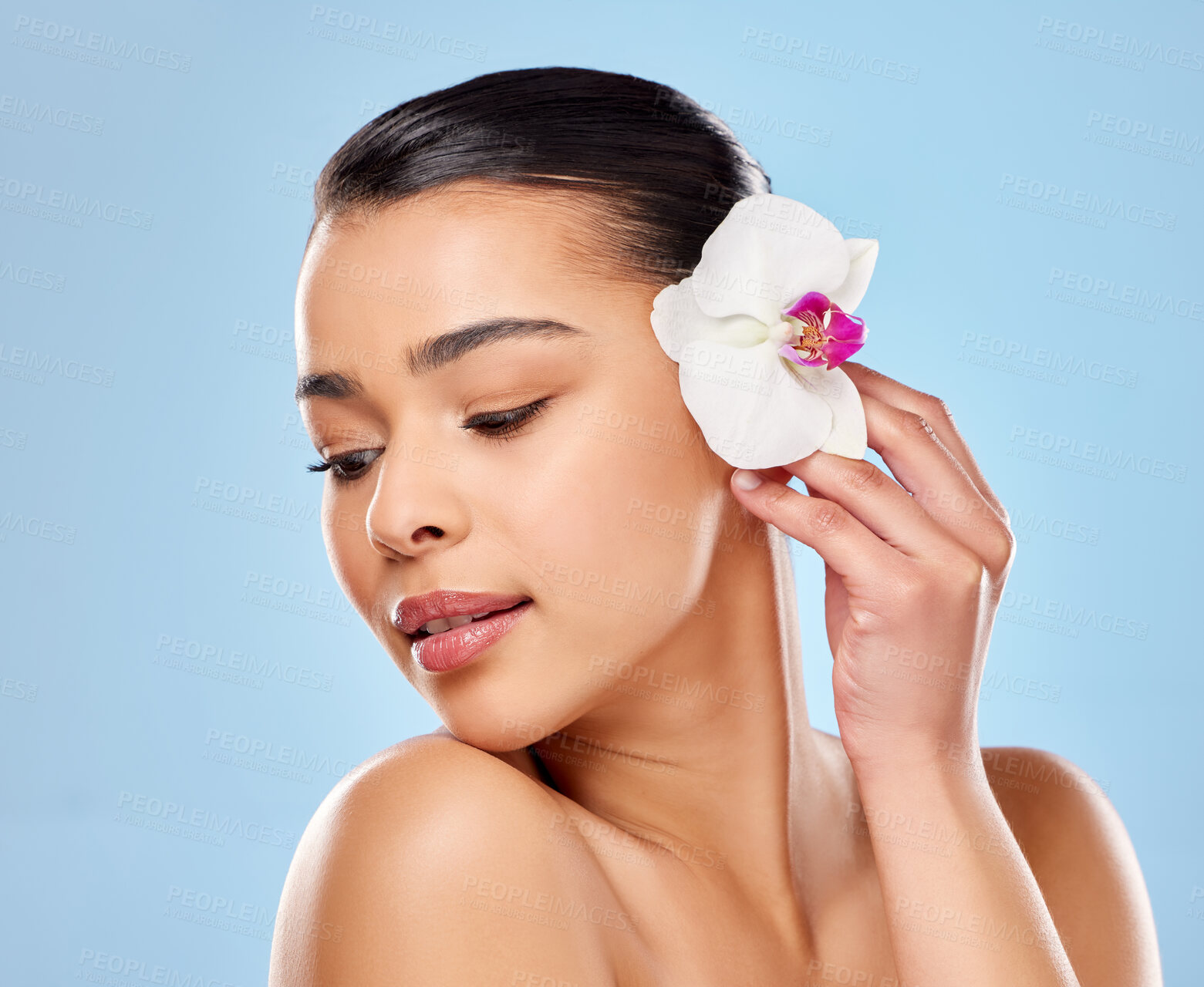 Buy stock photo Studio shot of an attractive young woman posing with an orchid against a blue background