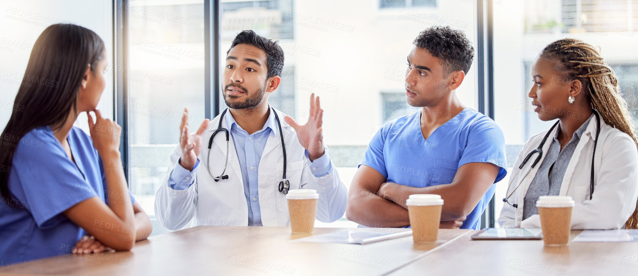 Buy stock photo Meeting, coaching and healthcare with a doctor and team in a hospital boardroom for training or discussion. Teamwork, leadership or learning with a medicine professional talking to nurses in a clinic