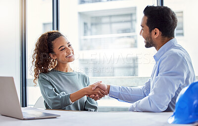 Buy stock photo Handshake, construction worker and woman or partner for business success, partnership or engineering deal in office. B2b, onboarding and architecture contractor or happy people shaking hands for job