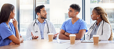 Buy stock photo Planning, meeting and team of doctors talking, teamwork and brainstorming healthcare solution or ideas. Listening, speaking and medical professional, nurses or people with clinic or workflow goals