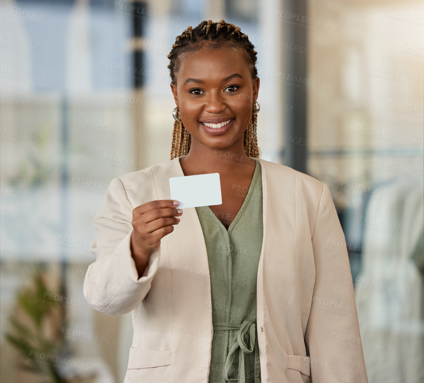 Buy stock photo Portrait, business card and black woman with paper, smile and information for startup, career and professional. Face, female person or entrepreneur holding poster, details or mockup with presentation