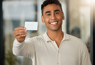 Buy stock photo Portrait of happy man showing business card, networking and branding info for company in modern office. Business man with smile, blank white company info and professional information exchange at work