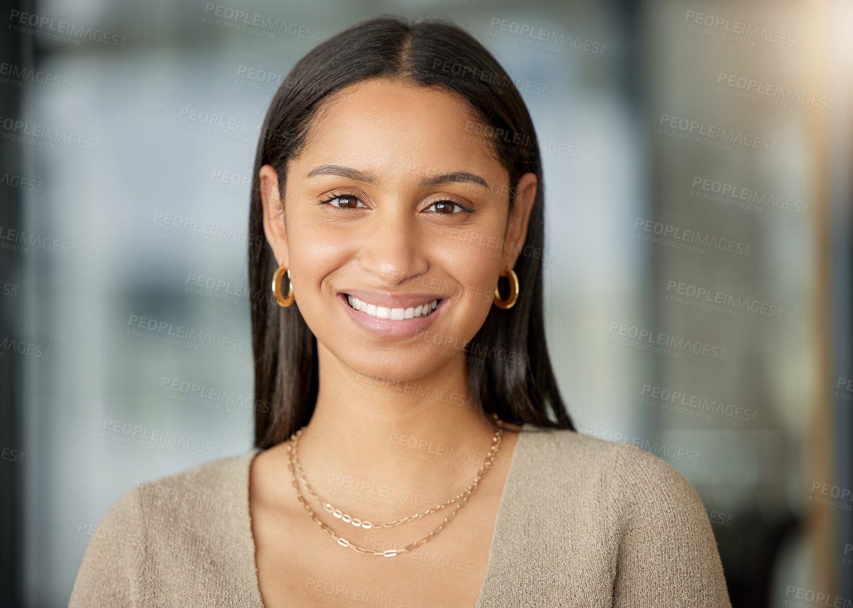 Buy stock photo Portrait, smile and business woman, designer or professional  in office workplace. Face, creative and happy female entrepreneur, graphic design and person from India with pride for career or job.