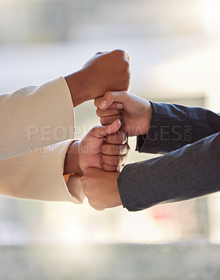 Buy stock photo Fist, business people and hands stack for teamwork, support and winning collaboration in office. Closeup, employees and building partnership together for solidarity, motivation and celebrate success