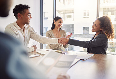 Buy stock photo Handshake, applause and team of business people in office to offer deal, partnership and happy meeting. Collaboration, clapping and shaking hands for b2b integration, negotiation or celebrate success