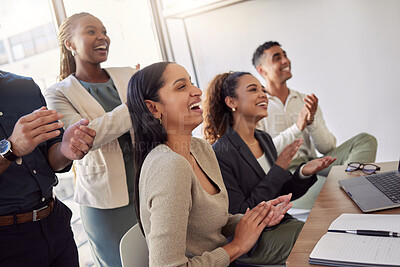 Buy stock photo Business woman, applause and laugh with team in meeting, tradeshow or achievement of success, award or support. Happy employees clapping to celebrate presentation, seminar or funny feedback in office