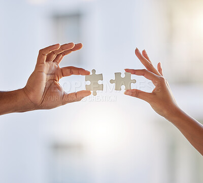 Buy stock photo People, puzzle and hands of teamwork, problem solving and planning solution for challenge, synergy or cooperation. Closeup, collaboration and build jigsaw for integration, partnership or mockup space