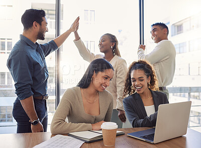Buy stock photo People, high five and success in office with teamwork, collaboration and support for work in startup. Group, celebration and achievement of goals or kpi challenge in workplace and employees on laptop