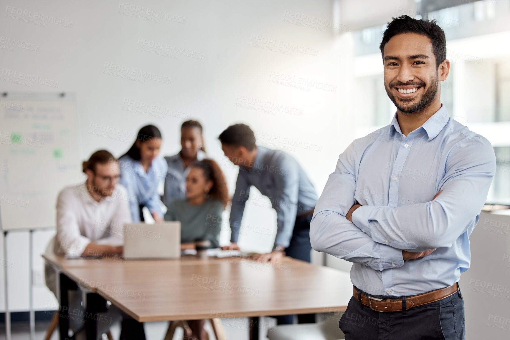 Buy stock photo Portrait, leadership and man with confidence, smile and support for office teamwork at presentation. About us, project management and happy businessman with arms crossed in meeting room for workshop.