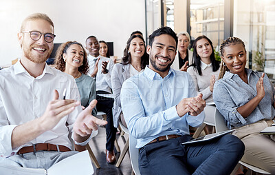 Buy stock photo Portrait, applause and business man in an audience with a group of people clapping for a victory or achievement. Winner, wow and motivation with a team of colleagues in a coaching or training seminar