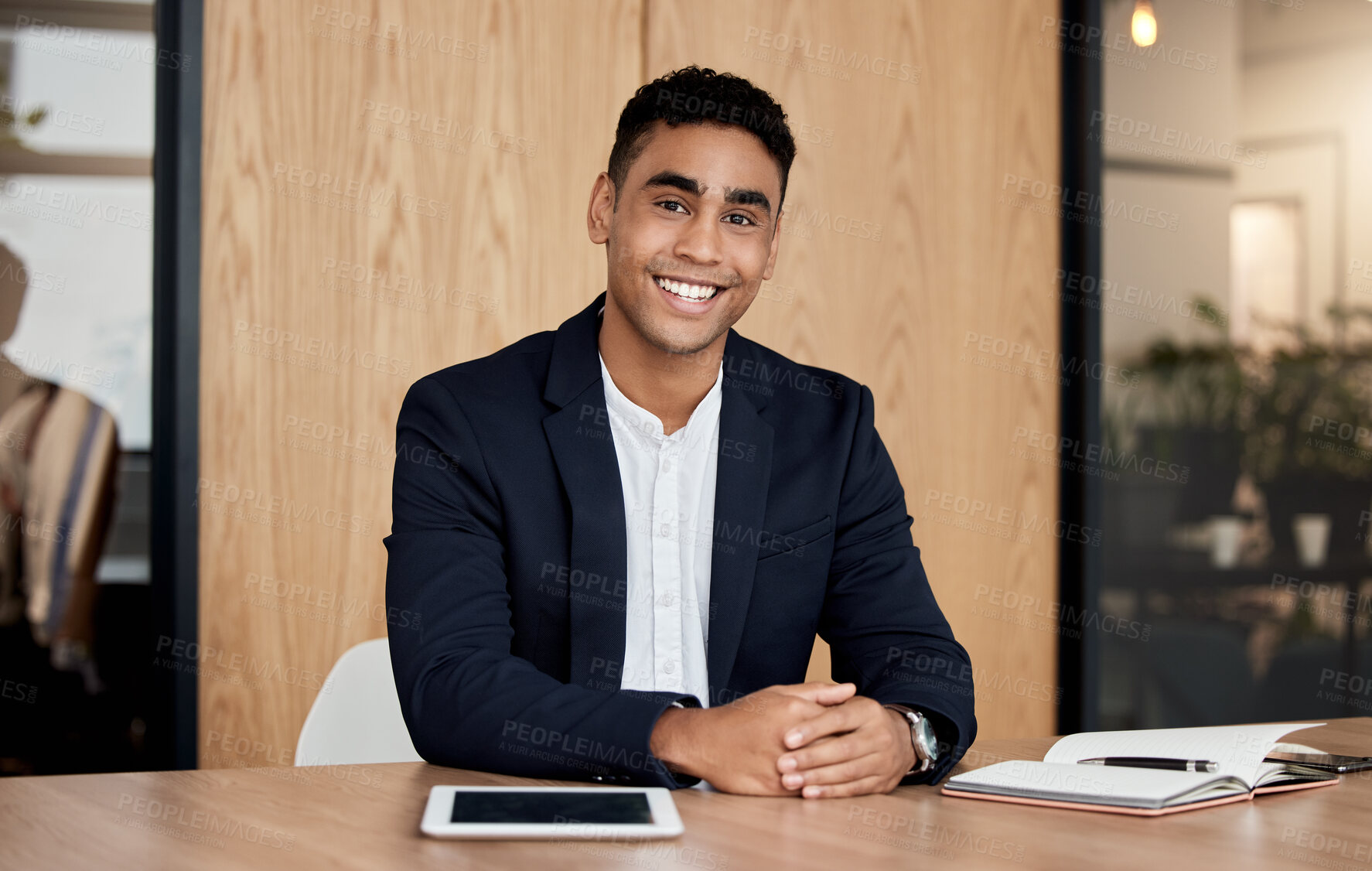 Buy stock photo Confidence, smile and portrait of man in boardroom for support, advice and opportunity in recruitment. About us, professional pride and happy businessman in HR office with tablet, notebook and trust