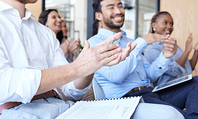 Buy stock photo Audience, business people and clapping for success at a conference, seminar or corporate workshop. Professional men and women group applause in happy crowd for convention, training and presentation