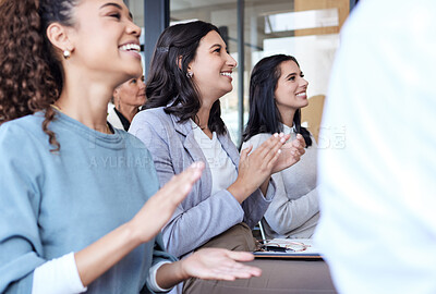 Buy stock photo Business people, applause and audience at a conference, seminar or corporate workshop. Professional women group clapping hands in crowd for convention, training and presentation or trade show success