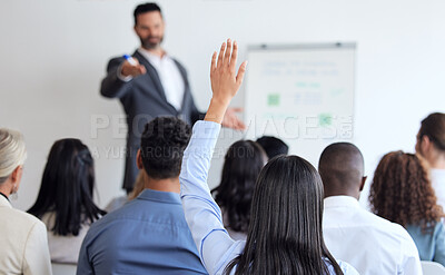 Buy stock photo Presentation, questions and hand with business people in meeting for conference, seminar and audience. Strategy, feedback and training with employees in office for speaker, planning and learning