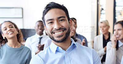 Buy stock photo Businessman, smile and portrait of audience at a conference, seminar or corporate workshop. Professional men and women group together in crowd for convention, training and presentation or trade show