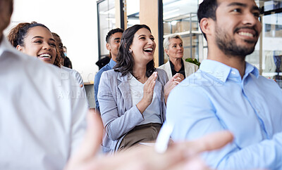 Buy stock photo Business people, clapping and audience at a conference, seminar or corporate workshop. Professional men and women group applause in happy crowd for convention, training and presentation success