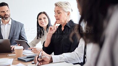 Buy stock photo Business people, meeting and mature woman talking to a team in a corporate office for brainstorming. Diversity men, manager and women at a table for planning, discussion and thinking of strategy