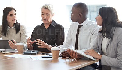 Buy stock photo Business people, meeting and manager talking to a team in a corporate office for brainstorming. Diversity men and women at a table for planning, discussion and strategy for growth and development