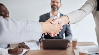 Buy stock photo Meeting, handshake and closeup with business women in the boardroom for a b2b partnership or deal. Thank you, support and welcome with colleagues shaking hands in agreement while planning at work