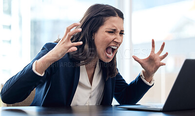 Buy stock photo Business, woman and angry is shouting at computer with a problem or frustrated at company with entrepreneur. Female professional, anger and laptop with screaming, stress at office with online work.