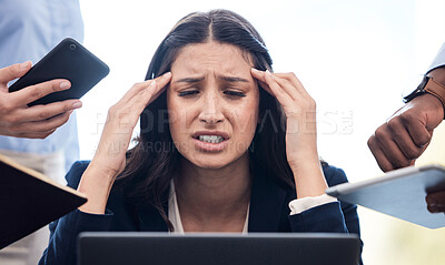 Buy stock photo Business, girl and stress with hands for multitasking with technology, work pressure and overload for task deadline. Woman, burnout and headache of workload or delegation for project and overwhelmed.