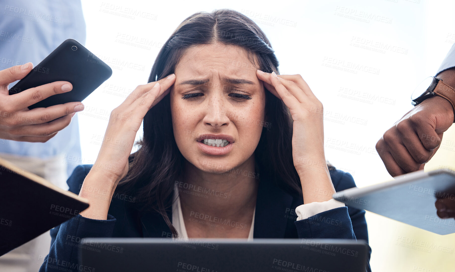 Buy stock photo Business, girl and stress with hands for multitasking with technology, work pressure and overload for task deadline. Woman, burnout and headache of workload or delegation for project and overwhelmed.