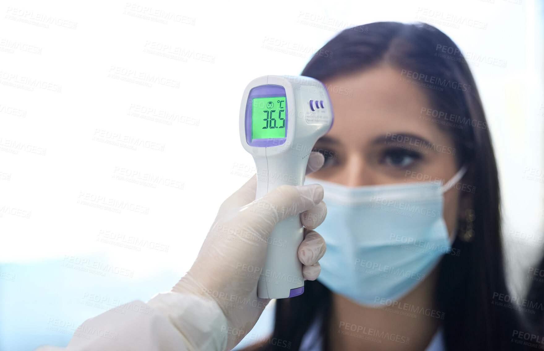 Buy stock photo Temperature read, hand and woman with mask, thermometer and check of virus, infection and safety. Office, professional and employee with exam or test of corona, medical and science for workplace