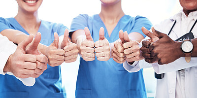 Buy stock photo Thumbs up, success and doctors for teamwork, healthcare support and excellence in hospital services. Nurses, medical diversity and group of people people like, yes and thank you or ok hands or emoji