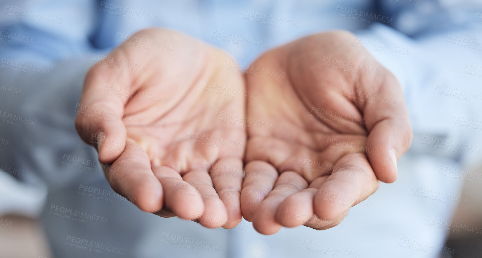 Buy stock photo Hands, charity and community with a person begging for financial aid, donation and unemployment or poverty. Support, insurance and investment, compassion or kindness for company workplace or job loss