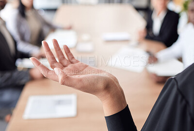 Buy stock photo Shot of an unrecognizable businessperson talking during a meeting at work