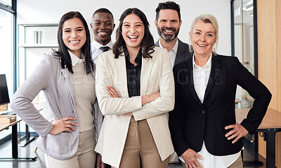 Buy stock photo Happy, confidence and group of business people in the office for teamwork, collaboration and diversity. Happiness, smile and professional employees standing with a corporate manager in the workplace.