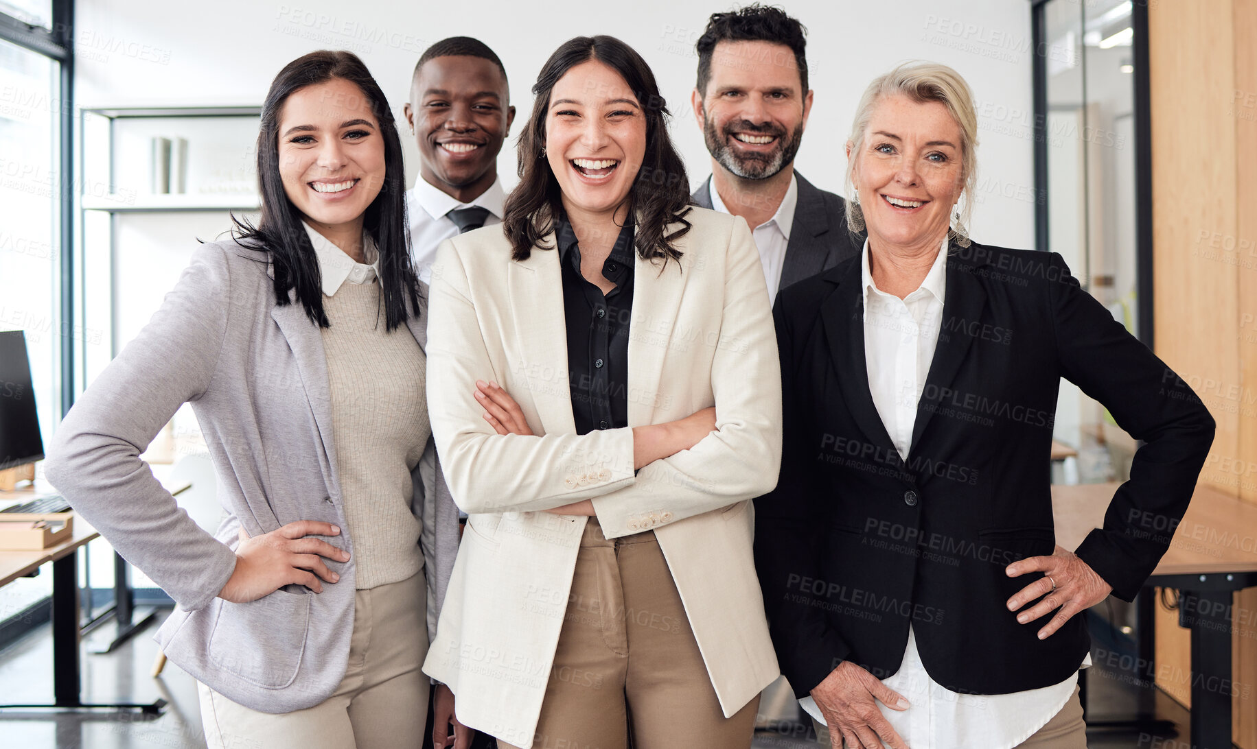 Buy stock photo Happy, confidence and group of business people in the office for teamwork, collaboration and diversity. Happiness, smile and professional employees standing with a corporate manager in the workplace.
