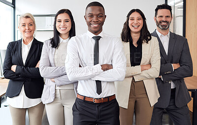Buy stock photo Success, crossed arms and team of business people in the office for teamwork, collaboration and diversity. Happiness, smile and professional employees standing with corporate manager in the workplace