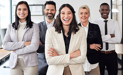 Buy stock photo Happy, crossed arms and portrait of business people in office with confidence for teamwork and collaboration. Diversity, professional and group of employees with corporate manager in the workplace.