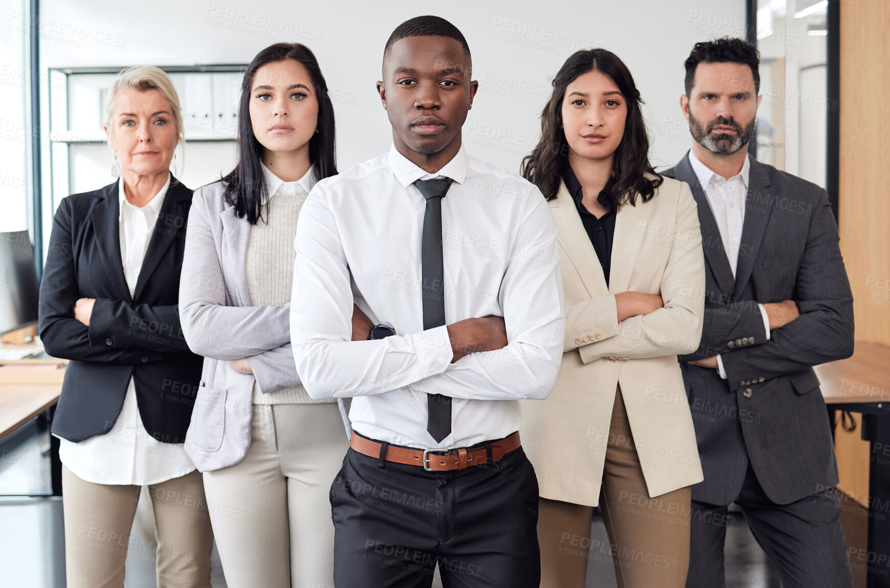 Buy stock photo Business people, arms crossed and diversity portrait in office, staff and proud of teamwork opportunity. Colleagues, solidarity and unity for company development, collaboration and support by leader