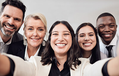Buy stock photo Selfie, teamwork and portrait with business people in office for social media, networking and friends. Collaboration, happy and solidarity with employee for diversity, team building and partnership