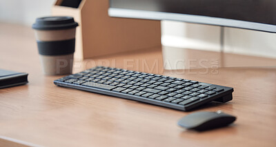Buy stock photo Space, office and desk with keyboard in a closeup for working with technology for a career. Empty, table and tech with mouse at work with monitor at a corporate company for job with equipment.
